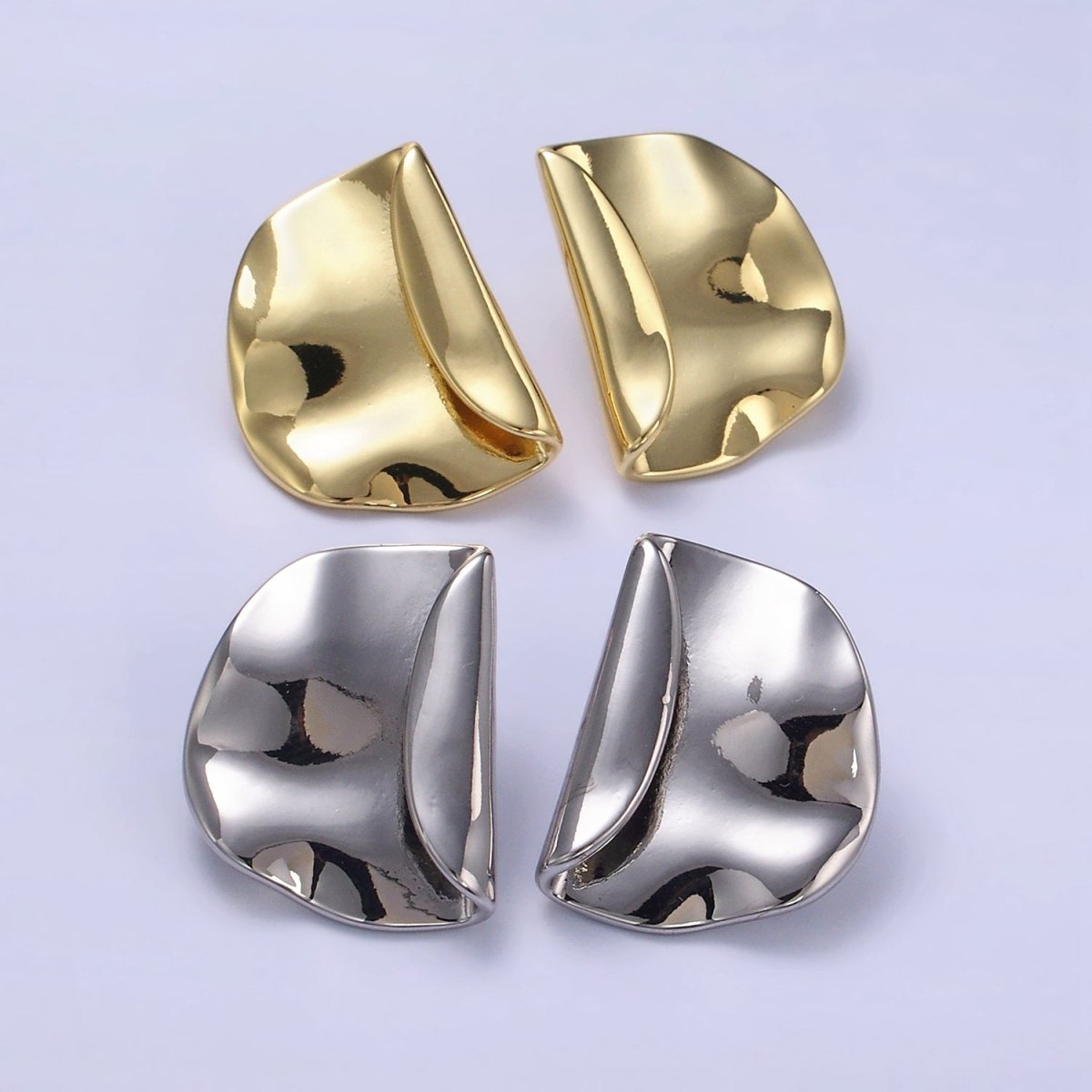 24K Gold Filled Hammered Foil Geometric Stud Earrings Set in Gold & Silver | T345 - DLUXCA