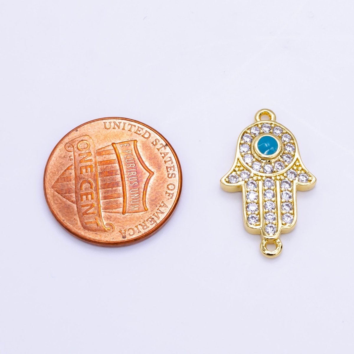 24K Gold Filled Hamsa Hand Turquoise Micro Paved CZ Connector in Gold & Silver | F023 - DLUXCA