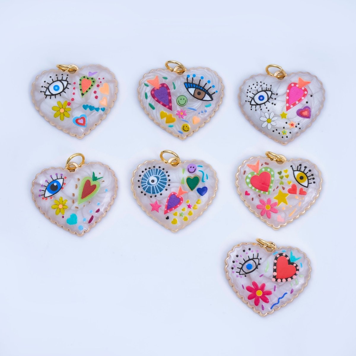 24K Gold Filled Heart Charm Graffiti Evil Eye flower charm heart Enamel pendant AJ - 330 - DLUXCA