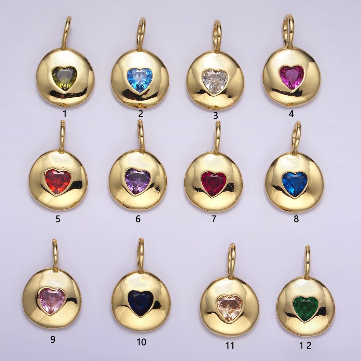 24K Gold Filled Heart CZ Birthstone Round Bezel Charm | AA049 - AA054 - DLUXCA