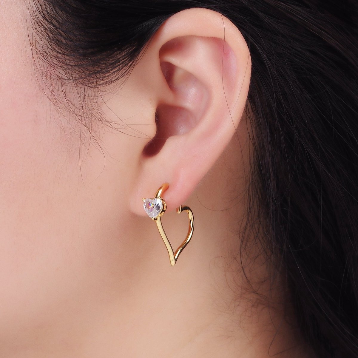 24K Gold Filled Heart CZ J - Shaped Hoop Earrings | AB1185 - DLUXCA