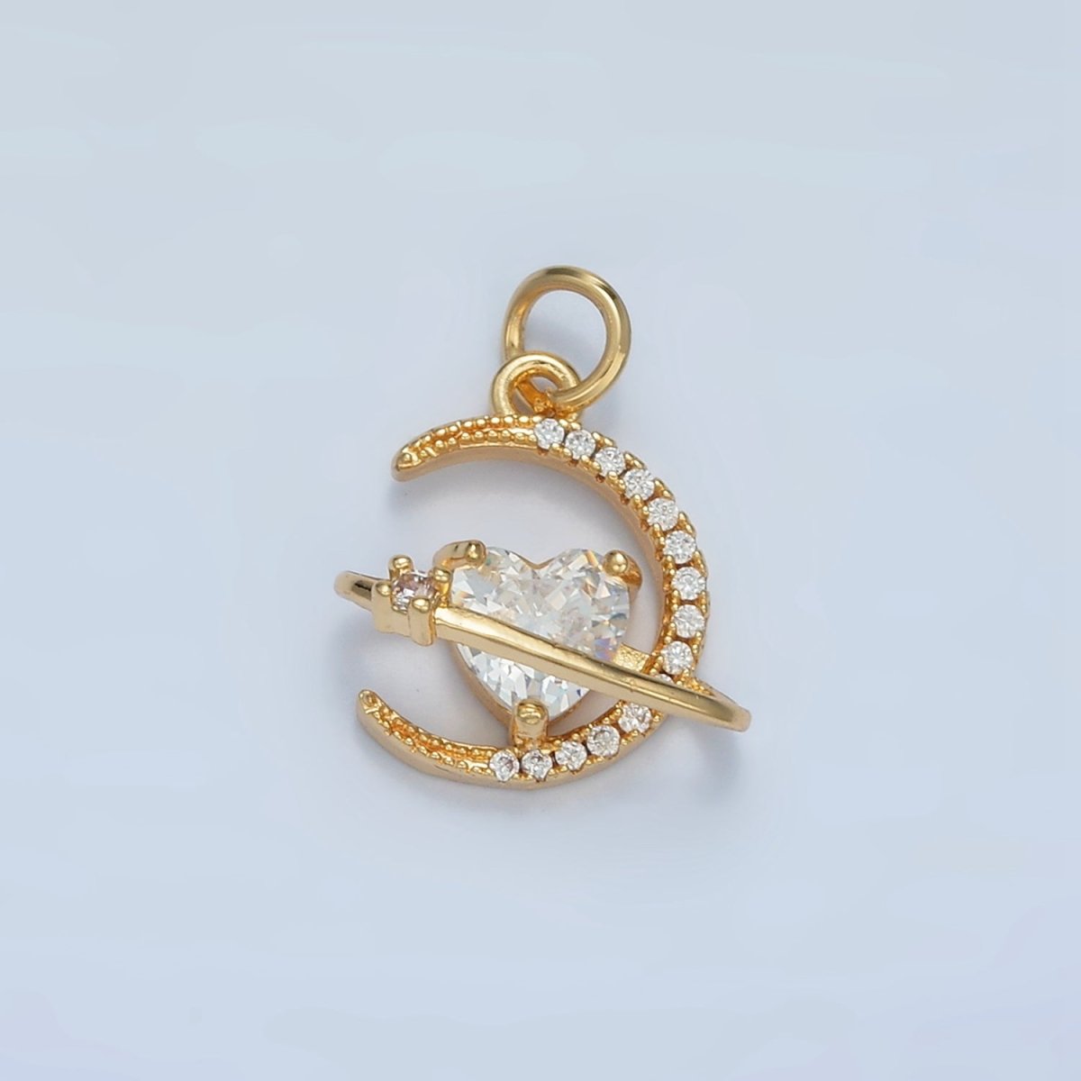 24K Gold Filled Heart CZ Micro Paved Celestial Planet Crescent Moon Charm | E741 - DLUXCA
