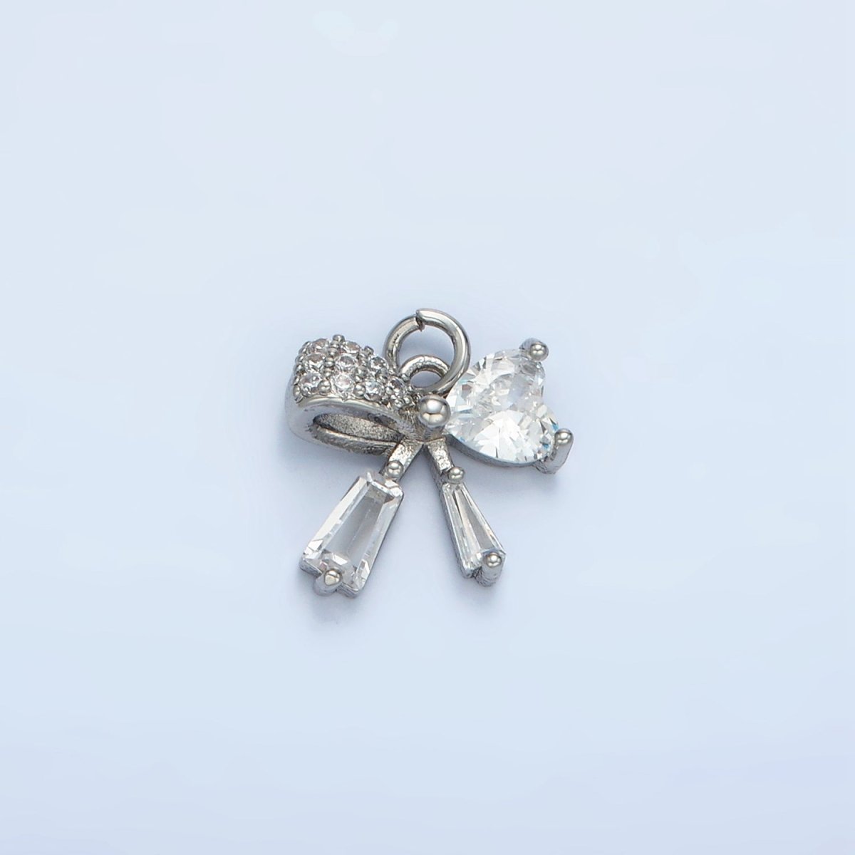 24K Gold Filled Heart CZ Ribbon Baguette Charm in Gold & Silver | E386 - DLUXCA