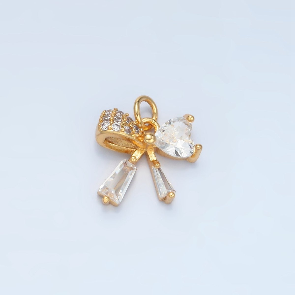 24K Gold Filled Heart CZ Ribbon Baguette Charm in Gold & Silver | E386 - DLUXCA