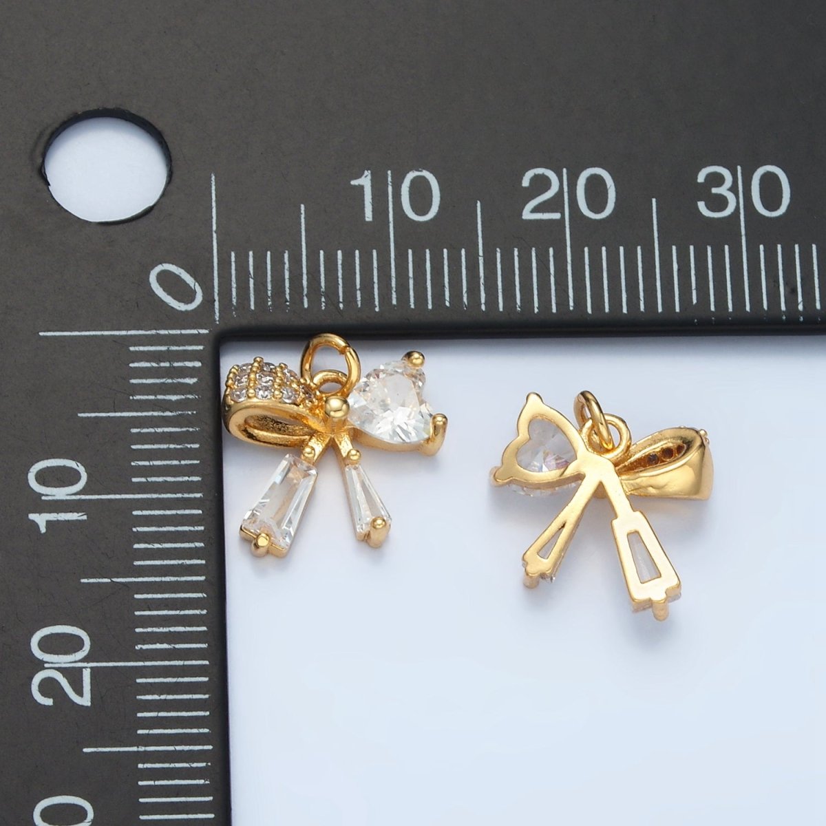 24K Gold Filled Heart CZ Ribbon Baguette Charm in Gold & Silver | E386 - DLUXCA