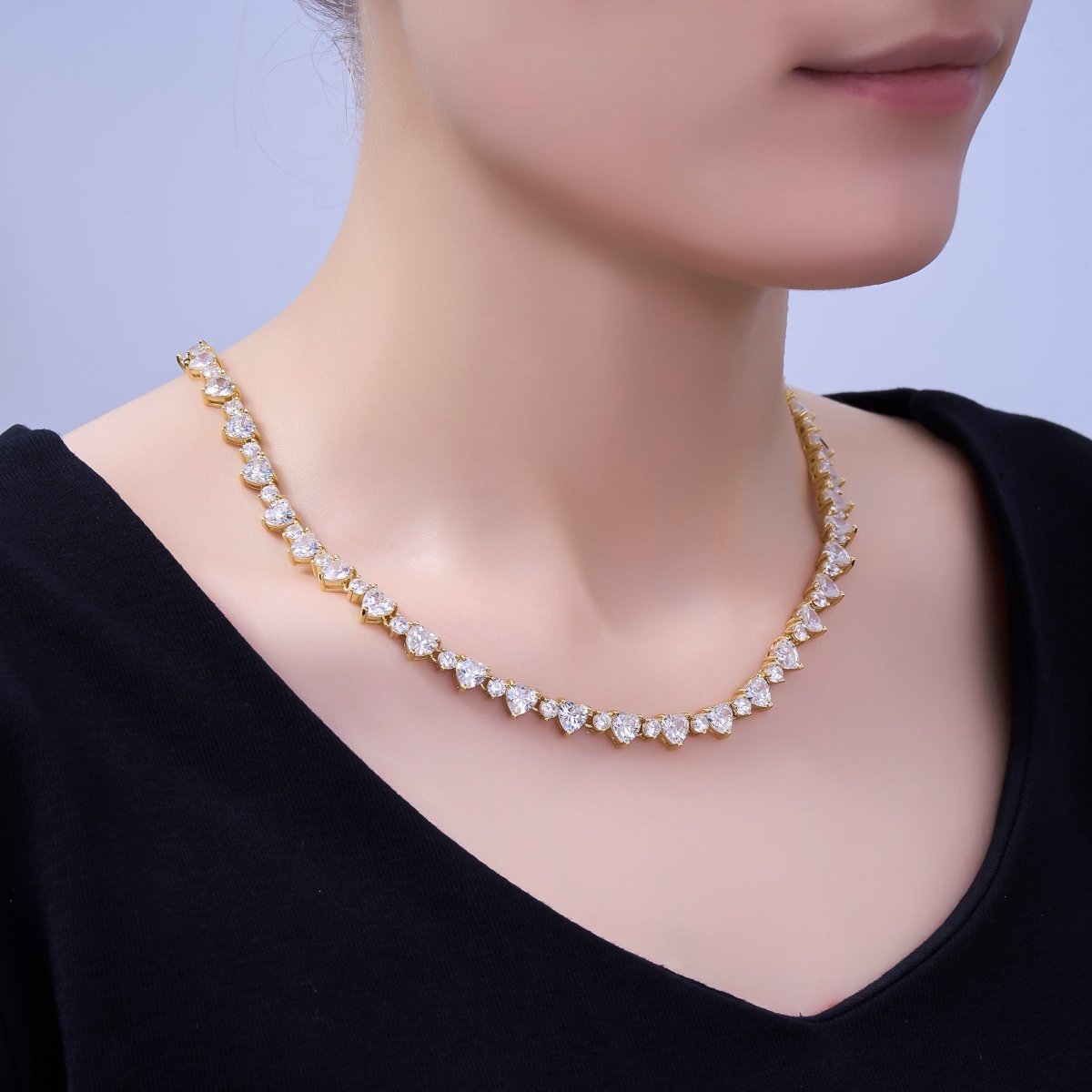 24K Gold Filled Heart CZ Tennis Chain 17 Inch Necklace in Gold & Silver | WA - 2861 WA - 2862 - DLUXCA