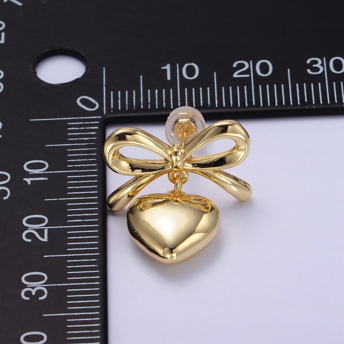 24K Gold Filled Heart Drop Ribbon Bow Stud Earrings in Gold & Silver | V069 V070 - DLUXCA