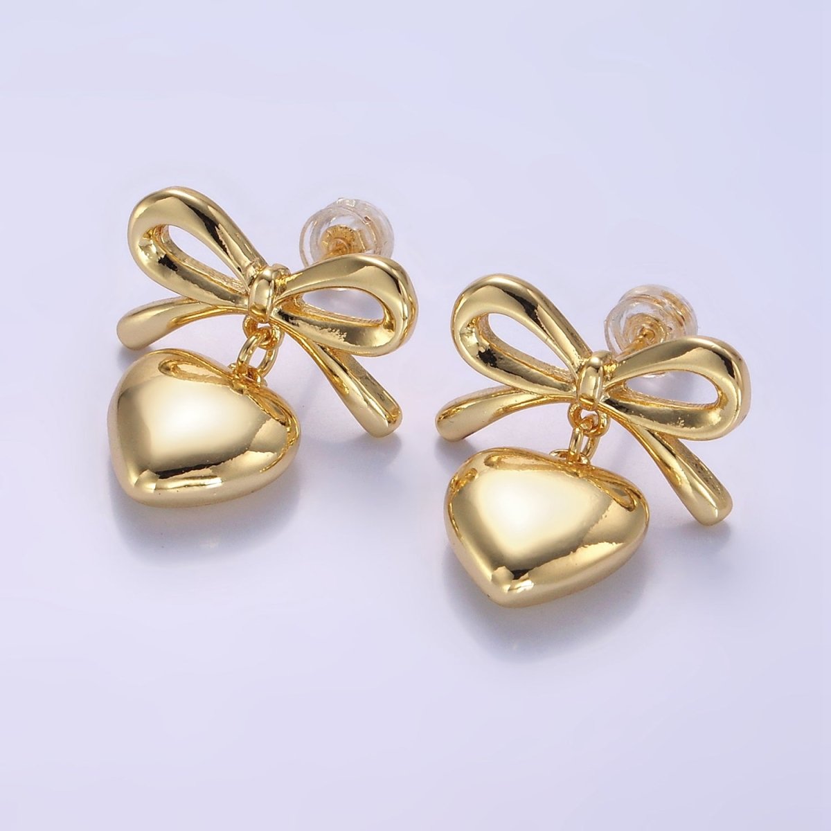 24K Gold Filled Heart Drop Ribbon Bow Stud Earrings in Gold & Silver | V069 V070 - DLUXCA