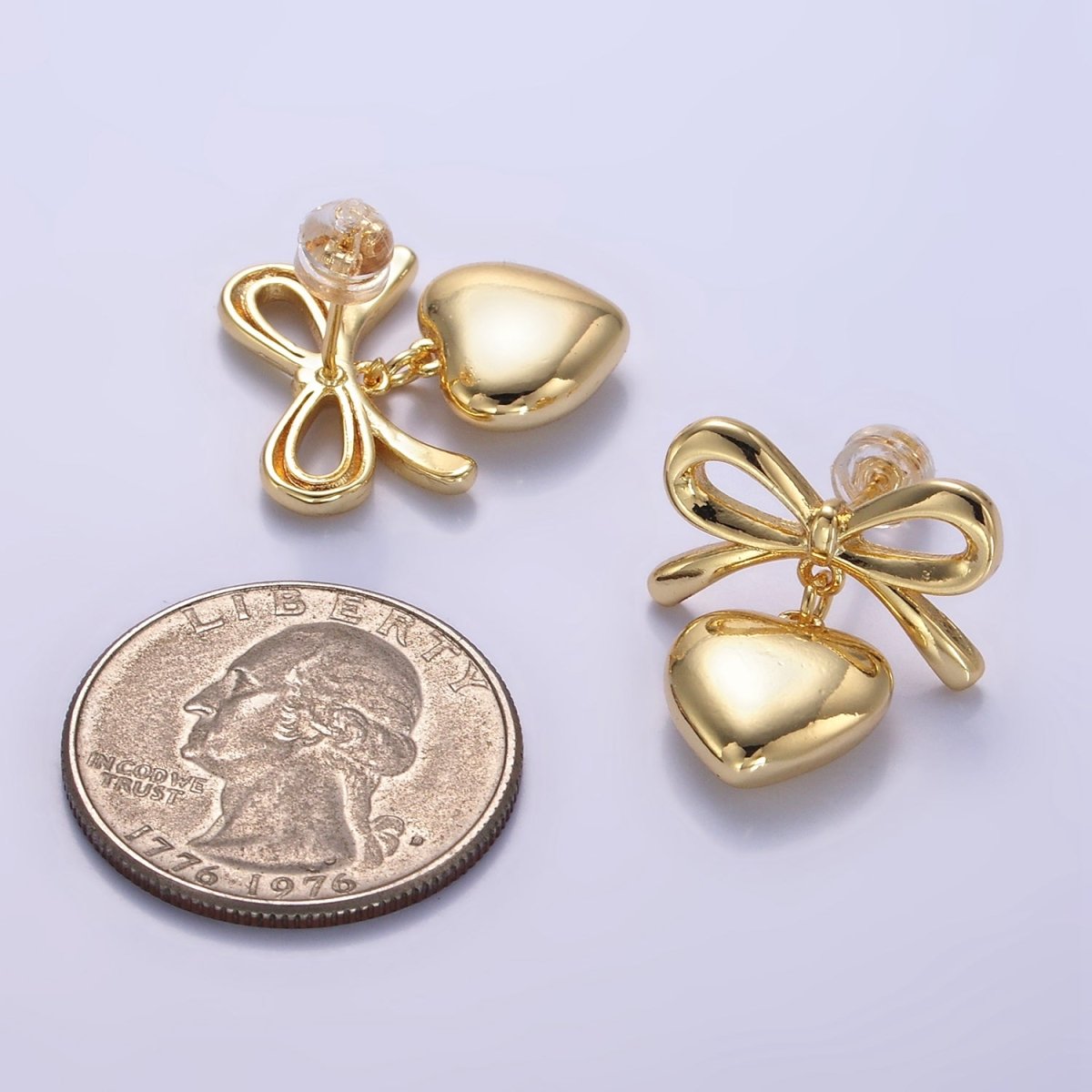 24K Gold Filled Heart Drop Ribbon Bow Stud Earrings in Gold & Silver | V069 V070 - DLUXCA