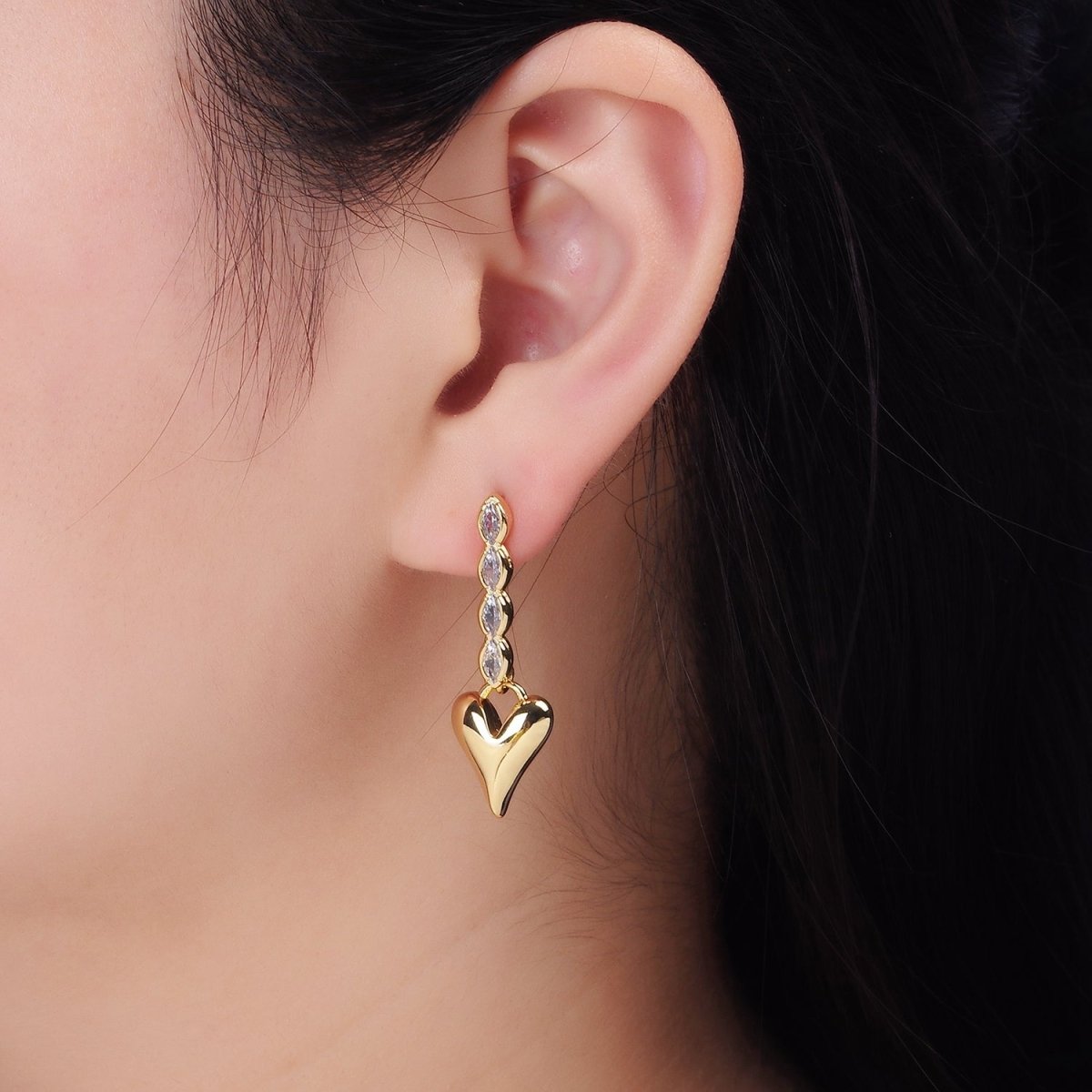 24K Gold Filled Heart Padlock Marquise CZ Drop Stud Earrings | P144 - DLUXCA