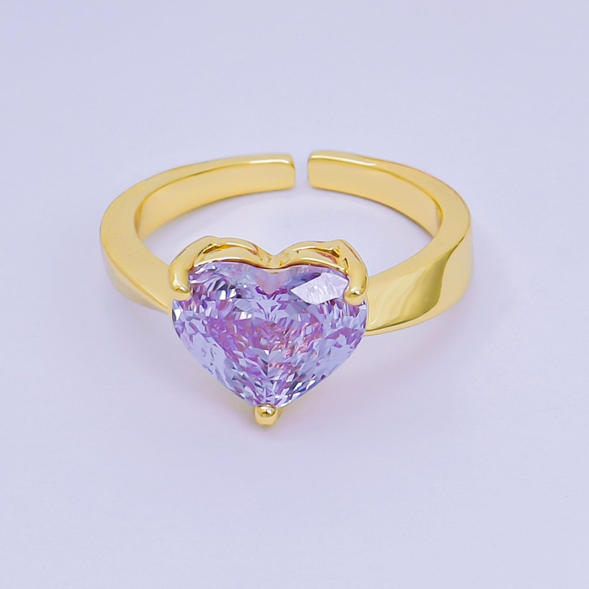24K Gold Filled Heart - Shaped CZ Classic Love Solitaire Adjustable Ring in Green, Peach, & Pink | O - 033 O - 063 O - 073 O - 084, O - 104 - O - 106, O - 108, O - 110 - O - 114, O - 116 - DLUXCA
