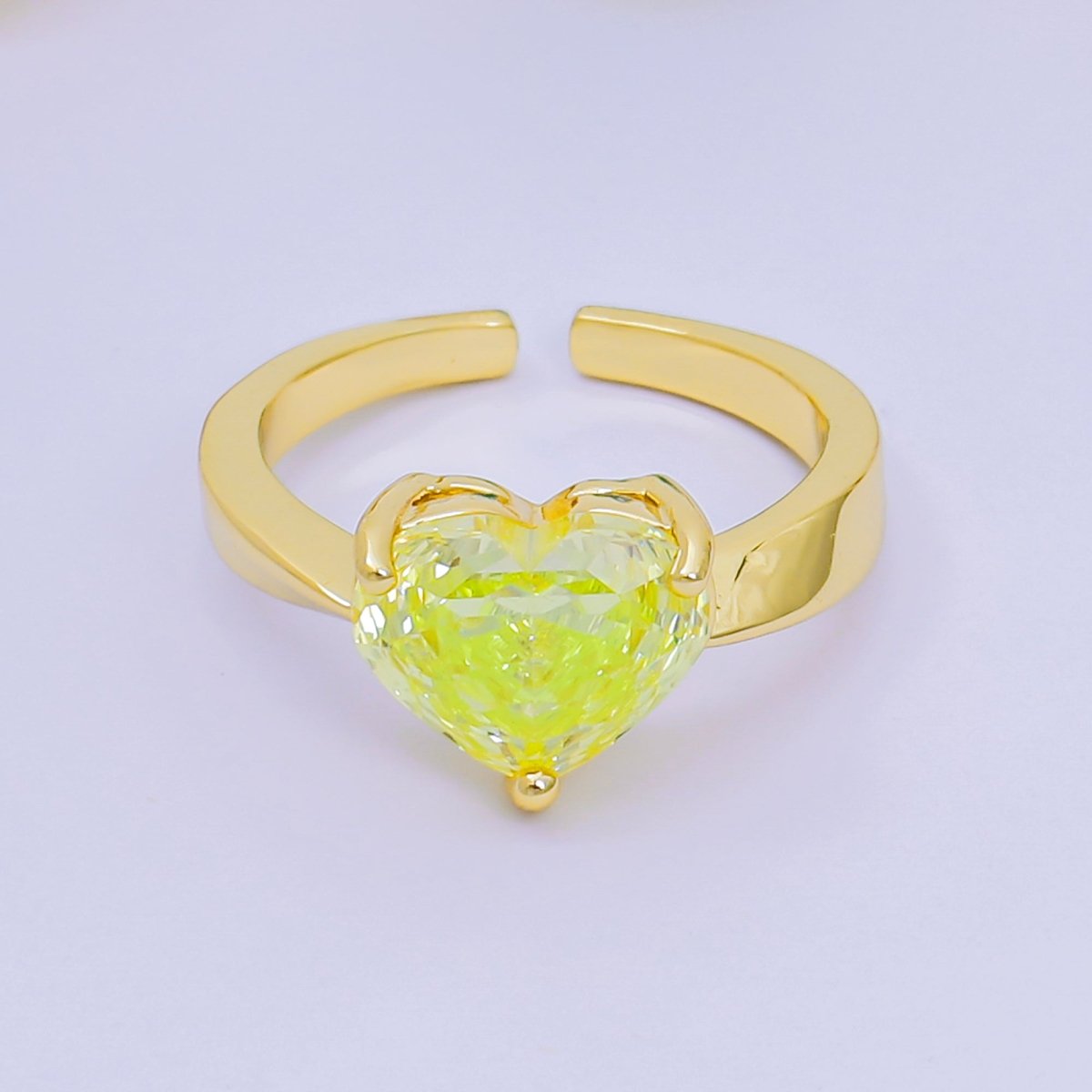 24K Gold Filled Heart - Shaped CZ Classic Love Solitaire Adjustable Ring in Green, Peach, & Pink | O - 033 O - 063 O - 073 O - 084, O - 104 - O - 106, O - 108, O - 110 - O - 114, O - 116 - DLUXCA