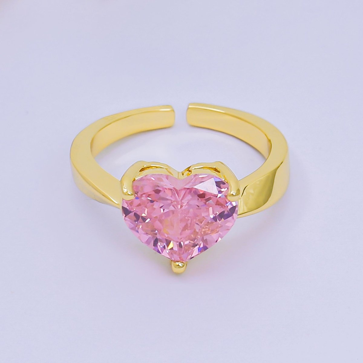24K Gold Filled Heart - Shaped CZ Classic Love Solitaire Adjustable Ring in Green, Peach, & Pink | O - 033 O - 063 O - 073 O - 084, O - 104 - O - 106, O - 108, O - 110 - O - 114, O - 116 - DLUXCA