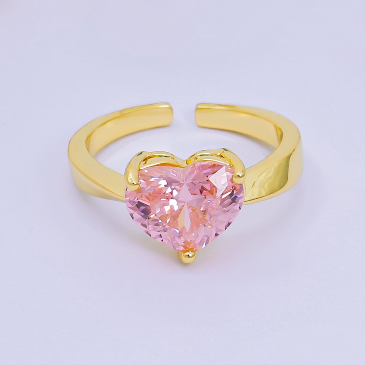 24K Gold Filled Heart - Shaped CZ Classic Love Solitaire Adjustable Ring in Green, Peach, & Pink | O - 033 O - 063 O - 073 O - 084, O - 104 - O - 106, O - 108, O - 110 - O - 114, O - 116 - DLUXCA
