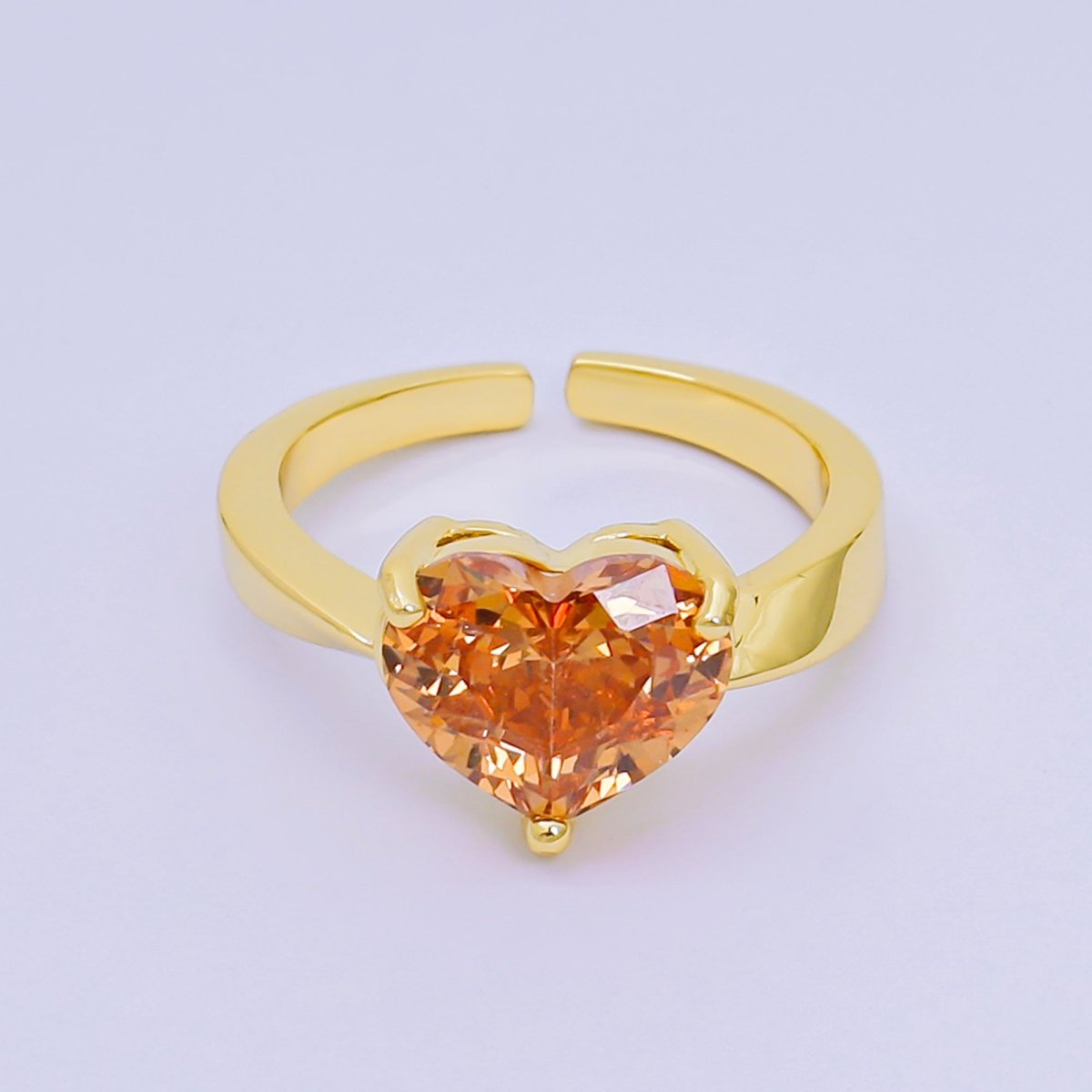 24K Gold Filled Heart - Shaped CZ Classic Love Solitaire Adjustable Ring in Green, Peach, & Pink | O - 033 O - 063 O - 073 O - 084, O - 104 - O - 106, O - 108, O - 110 - O - 114, O - 116 - DLUXCA