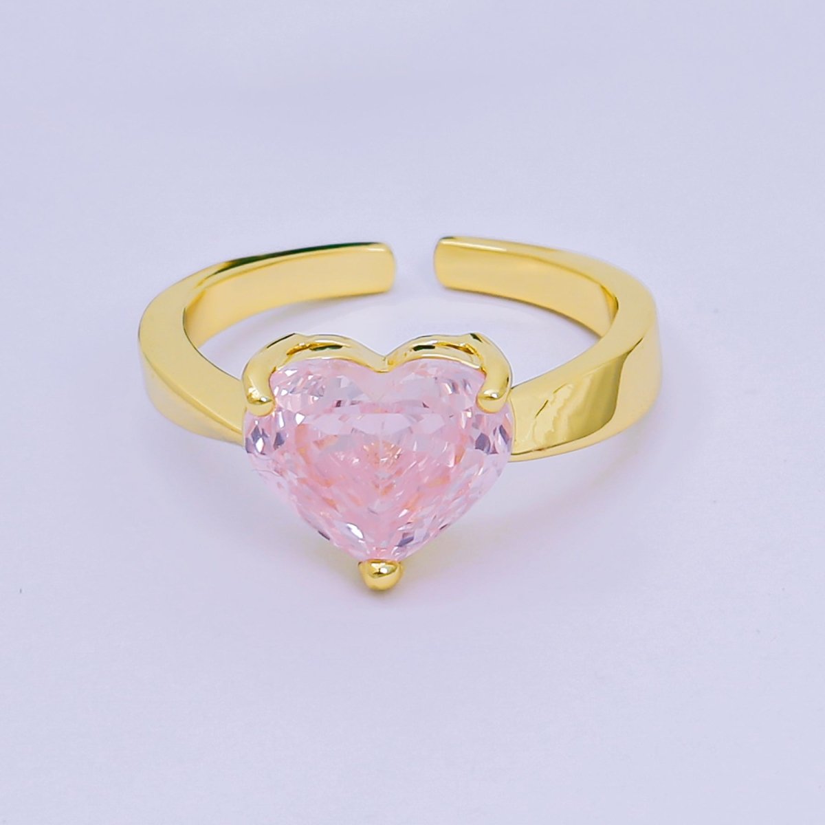 24K Gold Filled Heart - Shaped CZ Classic Love Solitaire Adjustable Ring in Green, Peach, & Pink | O - 033 O - 063 O - 073 O - 084, O - 104 - O - 106, O - 108, O - 110 - O - 114, O - 116 - DLUXCA