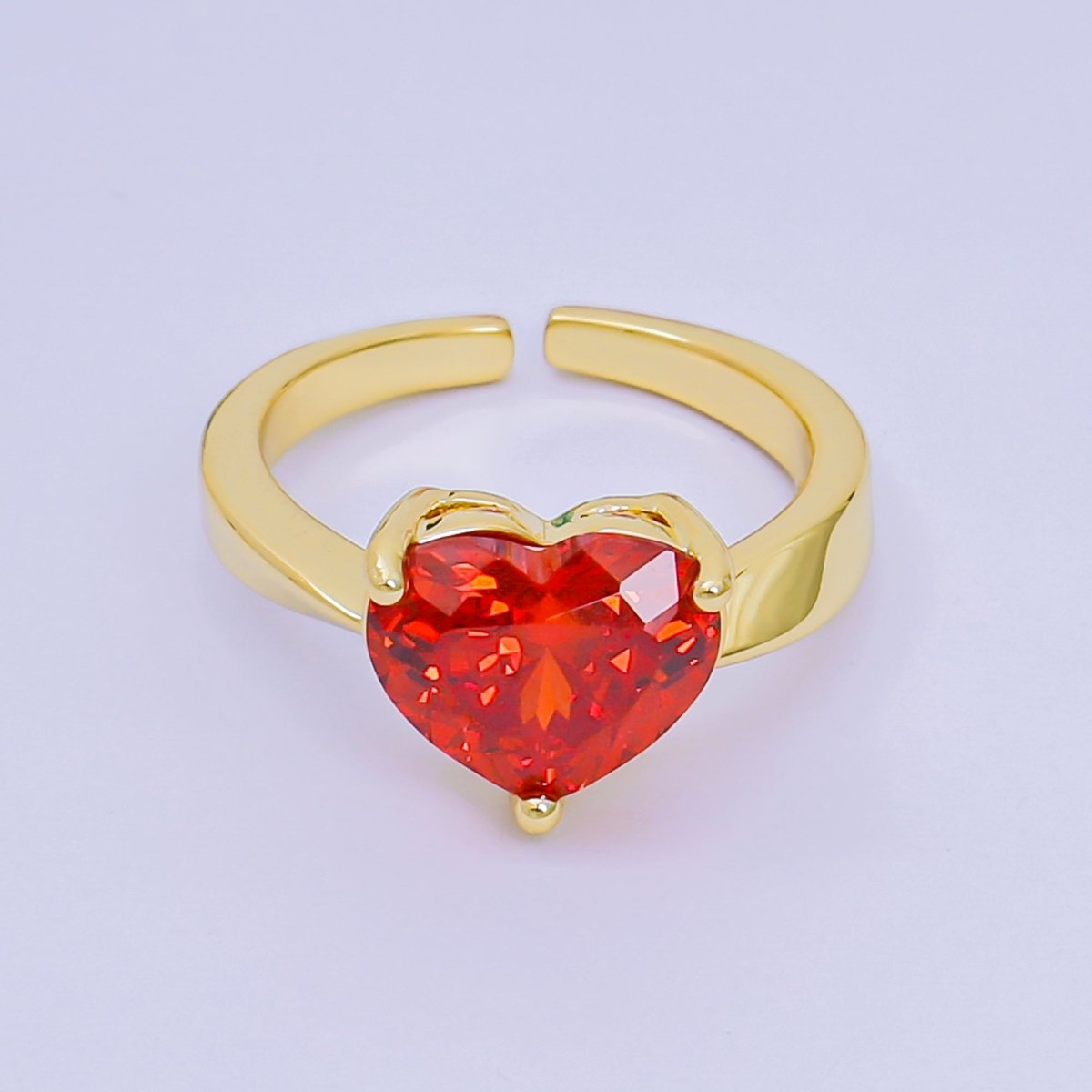 24K Gold Filled Heart - Shaped CZ Classic Love Solitaire Adjustable Ring in Green, Peach, & Pink | O - 033 O - 063 O - 073 O - 084, O - 104 - O - 106, O - 108, O - 110 - O - 114, O - 116 - DLUXCA