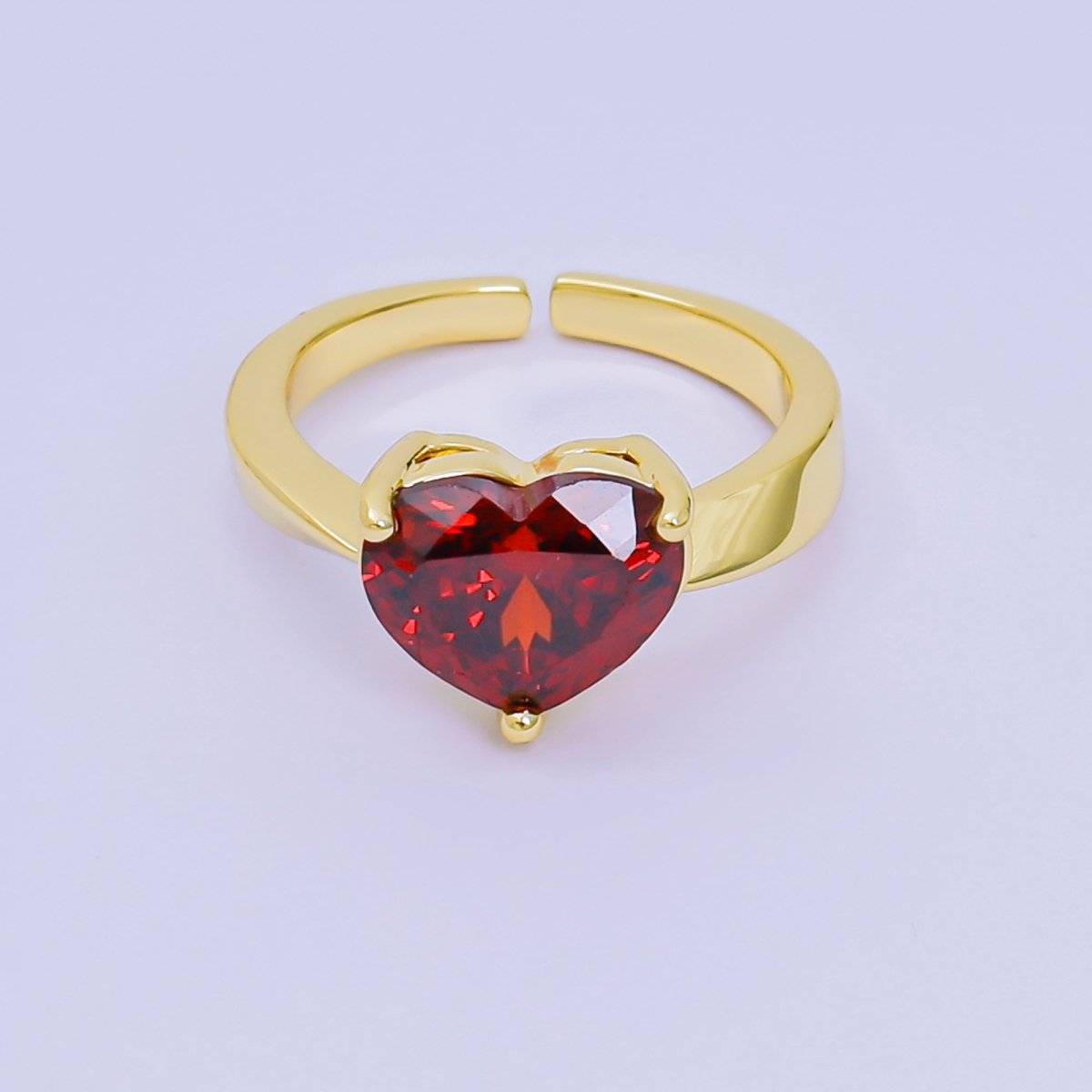 24K Gold Filled Heart - Shaped CZ Classic Love Solitaire Adjustable Ring in Green, Peach, & Pink | O - 033 O - 063 O - 073 O - 084, O - 104 - O - 106, O - 108, O - 110 - O - 114, O - 116 - DLUXCA