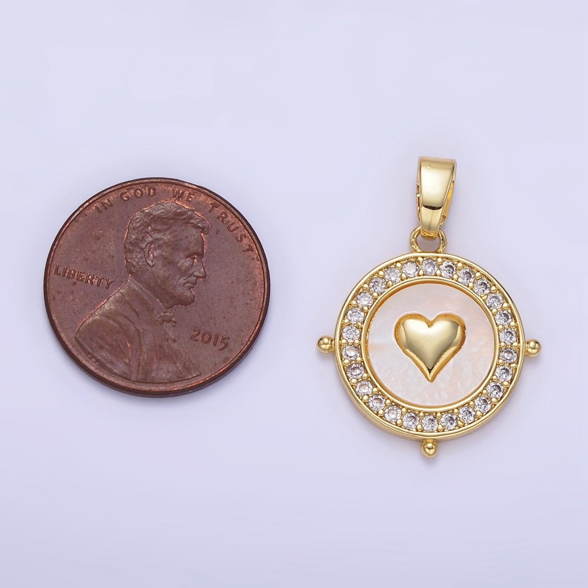 24K Gold Filled Heart Shell Pearl Micro Paved Compass Pendant | AA1334 - DLUXCA