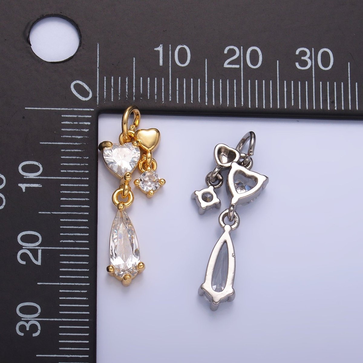 24K Gold Filled Heart Teardrop CZ Drop Charm in Gold & Silver | W816 - DLUXCA