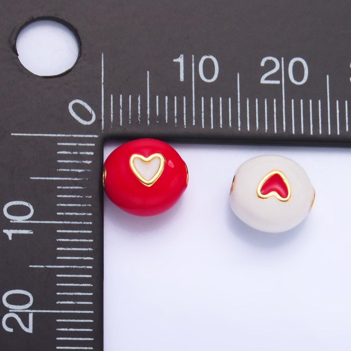 24K Gold Filled Heart White, Red Enamel Round Bead | B183 - DLUXCA
