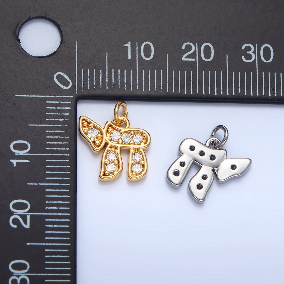 24K Gold Filled Hebrew Letter Chai Micro Paved CZ Charm in Gold & Silver | X624 - DLUXCA