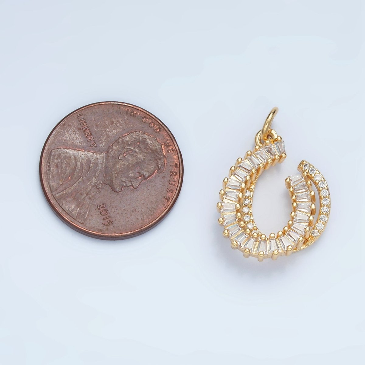 24K Gold Filled Horseshoe Double Micro Paved CZ Baguette Lined Charm | E807 - DLUXCA