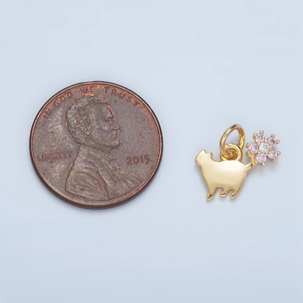24K Gold Filled Kitten Cat Stretch Pink Flower CZ Charm | N1389 - DLUXCA