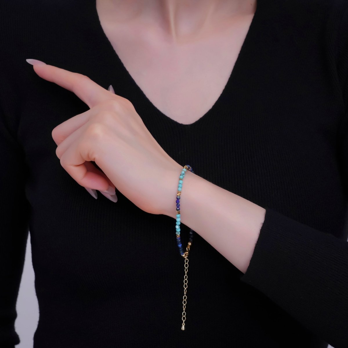 24K Gold Filled Lapis Lazuli Turquoise Gemstone 7.5 Inch Bracelet | WA - 2884 - DLUXCA