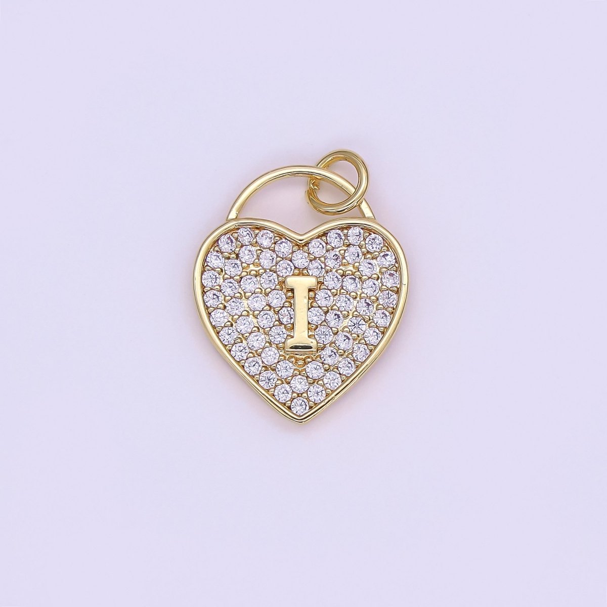 24K Gold Filled Letter Initial Micro Paved CZ Heart Padlock Charm | AF001 - AF013 - DLUXCA