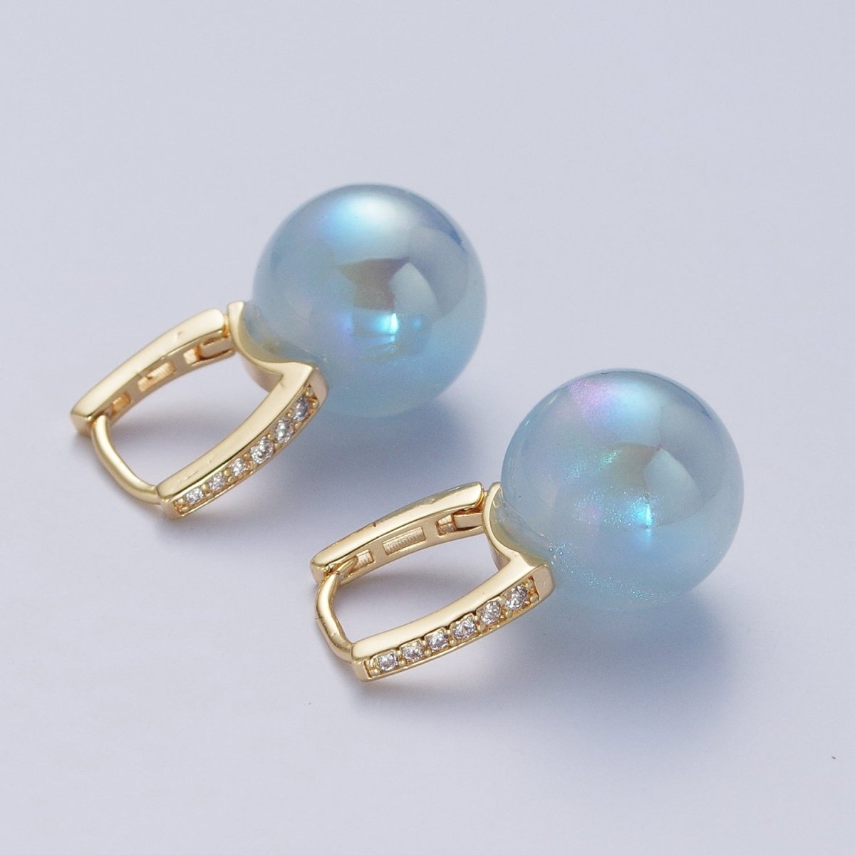 24K Gold Filled Leverback Earrings Small Huggie Hoops Earrings with Round Ball Pastel AB Color Drop Q-339 Q-353 - DLUXCA