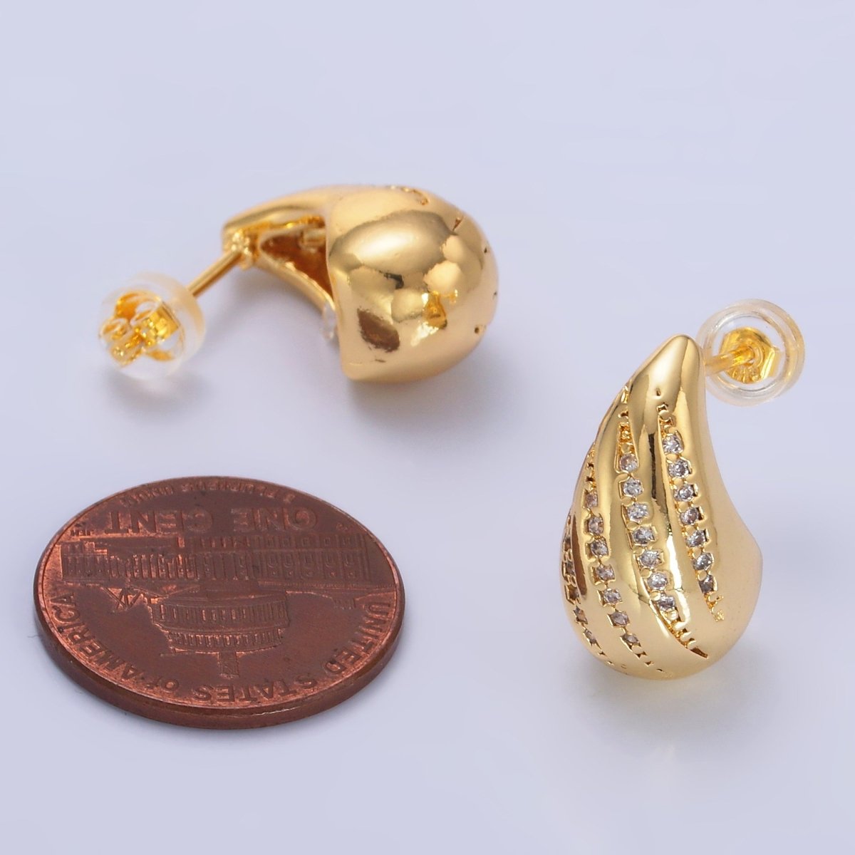 24K Gold Filled Linear Micro Paved CZ Teardrop Dome Hoop Stud Earrings | AD212 - DLUXCA