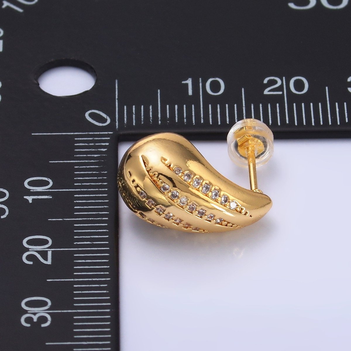 24K Gold Filled Linear Micro Paved CZ Teardrop Dome Hoop Stud Earrings | AD212 - DLUXCA