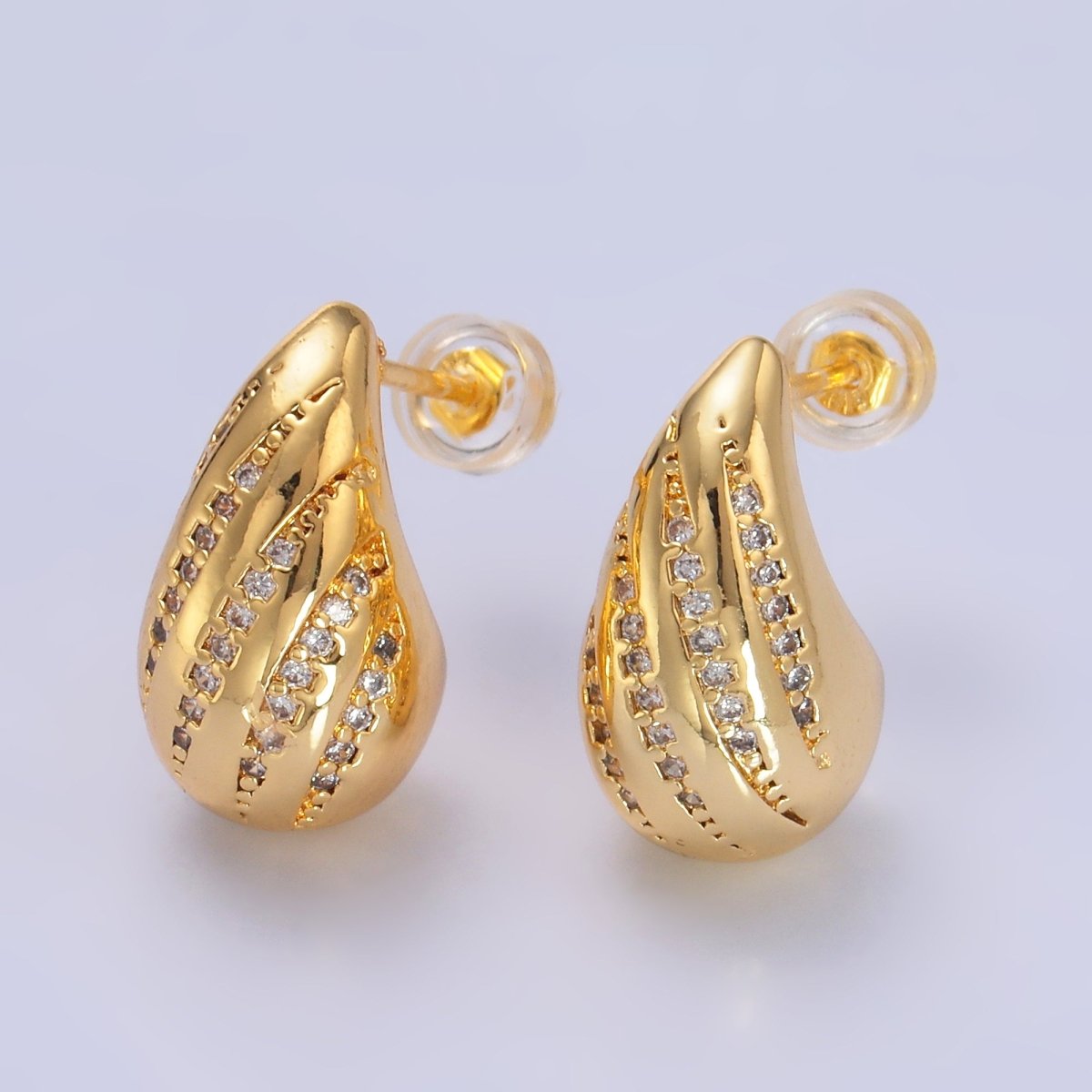 24K Gold Filled Linear Micro Paved CZ Teardrop Dome Hoop Stud Earrings | AD212 - DLUXCA