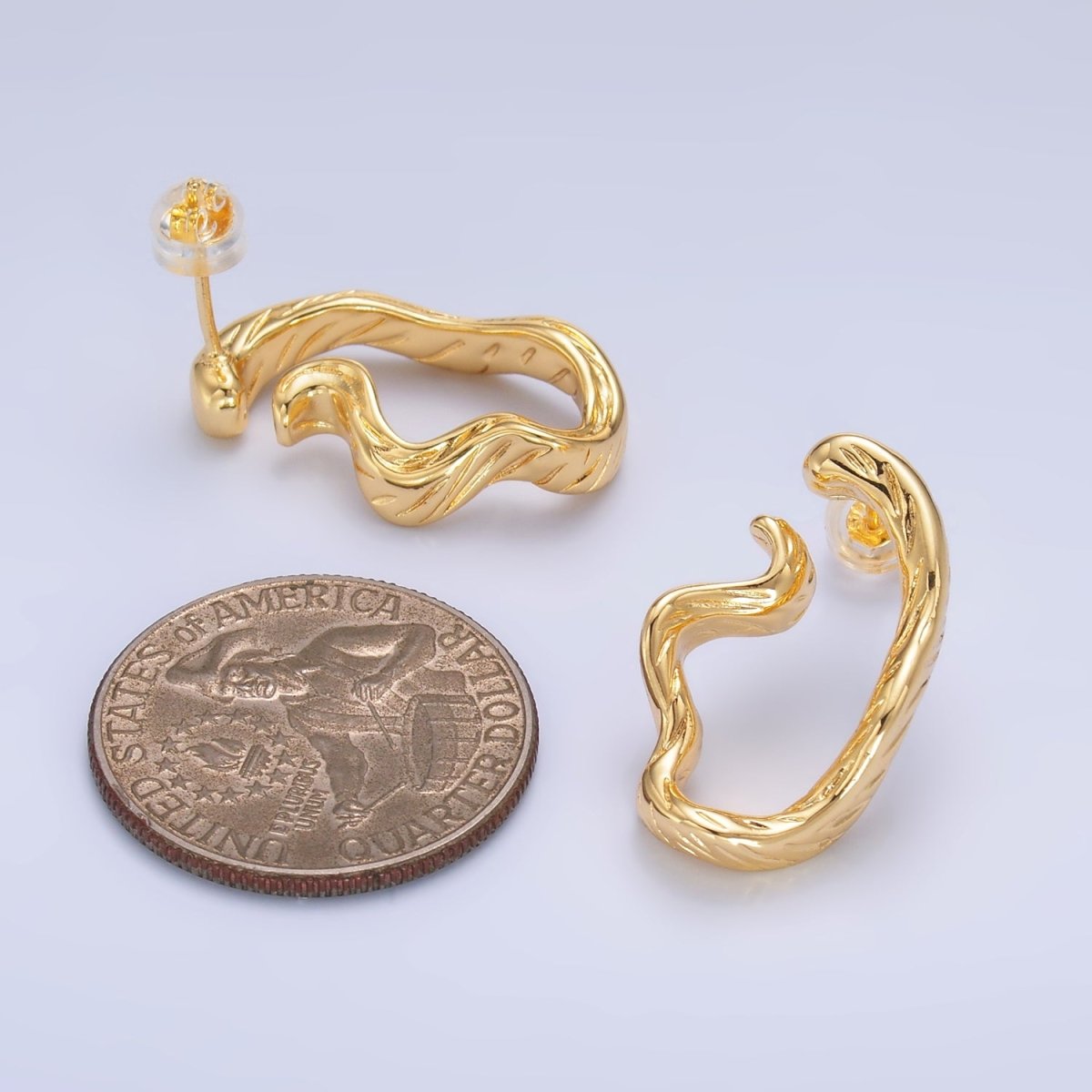 24K Gold Filled Lined - Textured Curled Abstract Band Studs Earrings Set | AB484 - DLUXCA