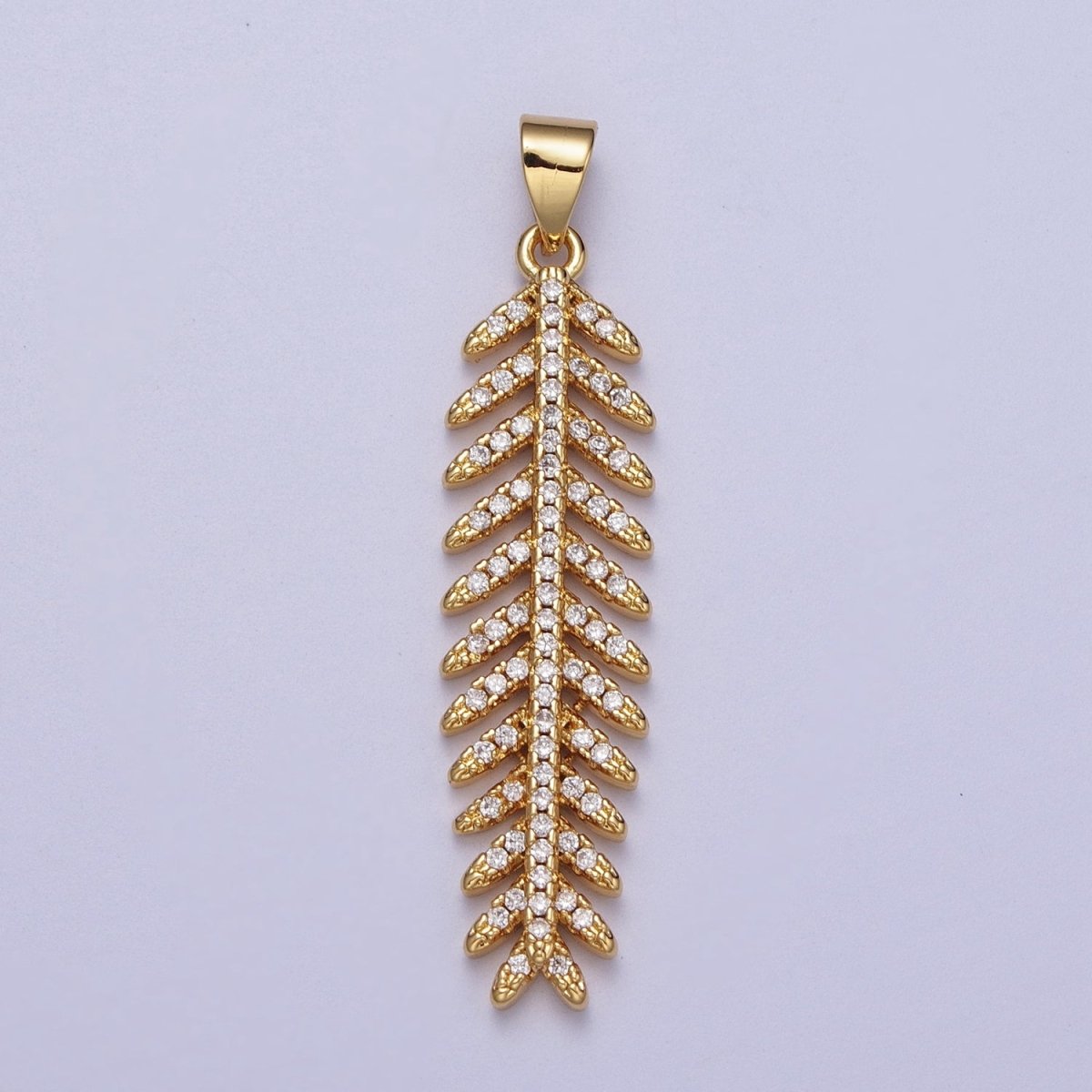 24K Gold Filled Long Majesty Palm Leaf Micro Paved CZ Pendant I - 315 - DLUXCA