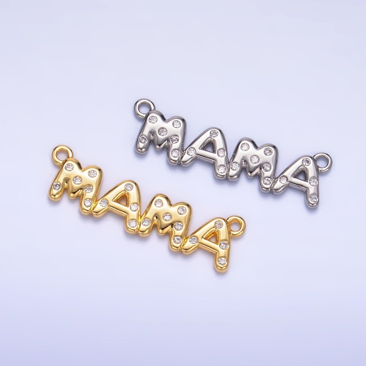 24K Gold Filled "MAMA" CZ Dotted Script Connector in Gold & Silver | F865 - DLUXCA