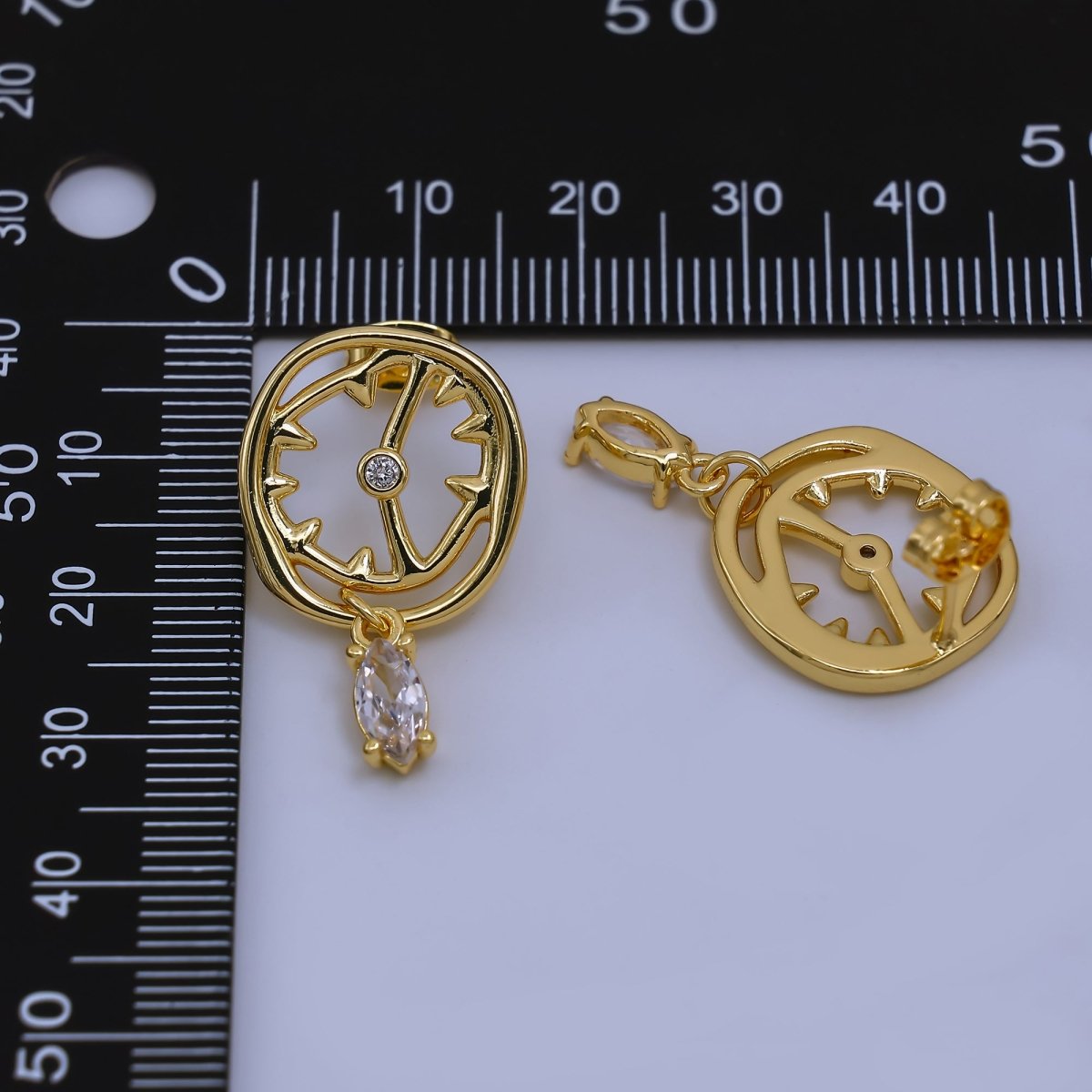 24K Gold Filled Marquise CZ Abstract Clock Drop Stud Earrings | AJ - 046 - DLUXCA