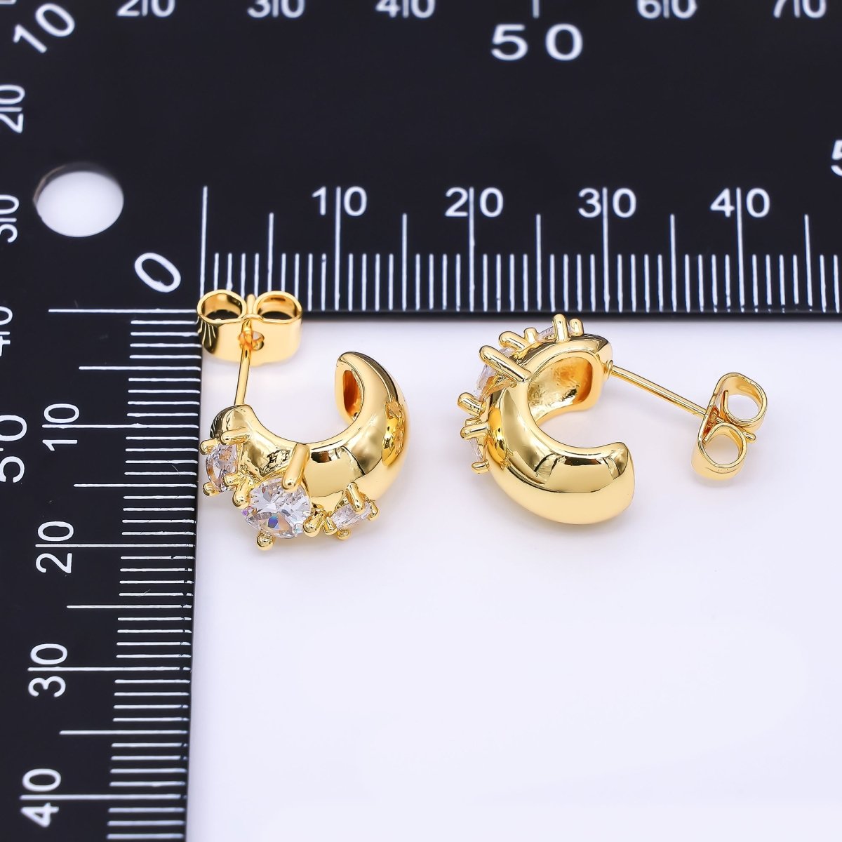 24K Gold Filled Marquise CZ C - Shaped Crescent Moon Dainty Stud Earrings | T - 227 - DLUXCA