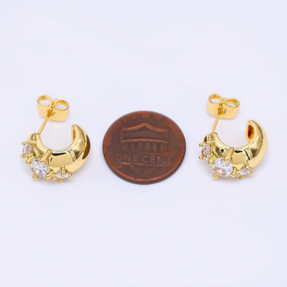 24K Gold Filled Marquise CZ C - Shaped Crescent Moon Dainty Stud Earrings | T - 227 - DLUXCA