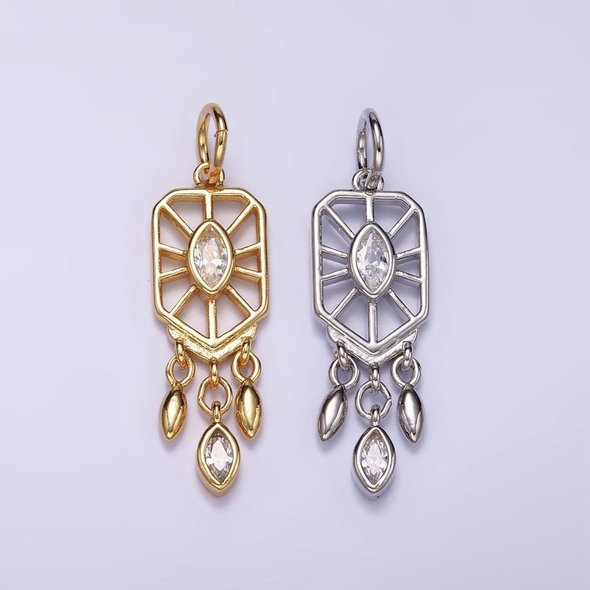 24K Gold Filled Marquise CZ Geometric Triple Sphere Drop Dreamcatcher Charm in Gold & Silver | D288 - DLUXCA