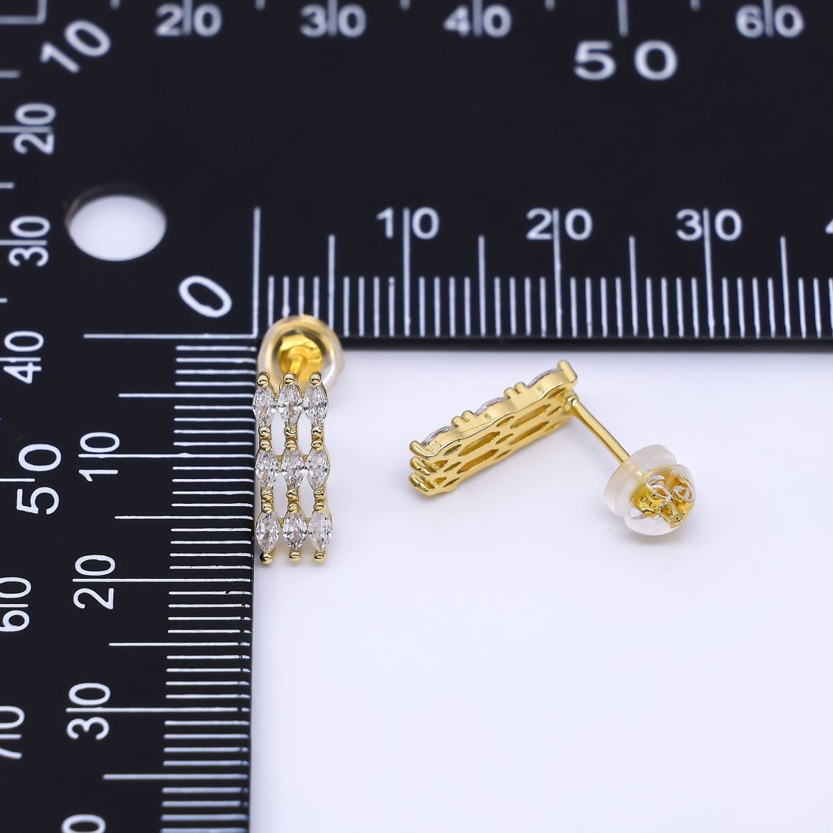 24K Gold Filled Marquise CZ Triple Lined Row Dropped Stud Earrings | AI - 452 - DLUXCA