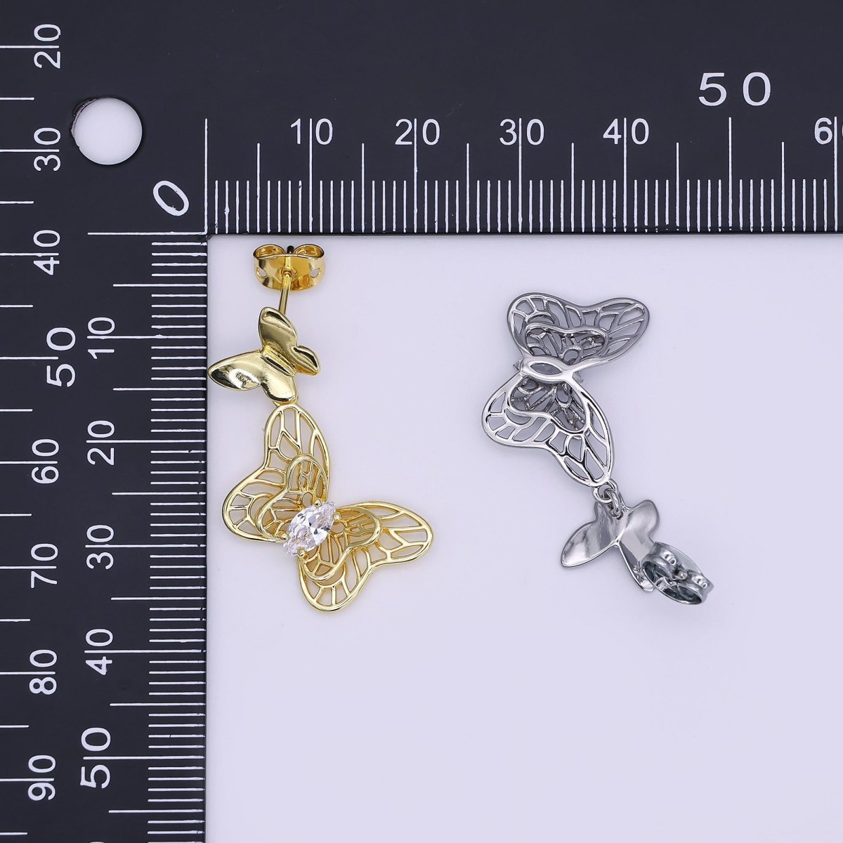 24K Gold Filled Marquise CZ Twin Butterfly Mariposa Stud Earrings in Gold & Silver | AJ024 AJ025 - DLUXCA