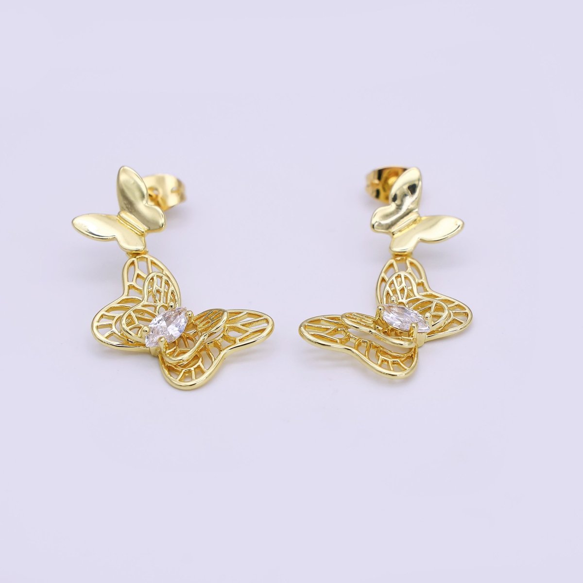 24K Gold Filled Marquise CZ Twin Butterfly Mariposa Stud Earrings in Gold & Silver | AJ024 AJ025 - DLUXCA