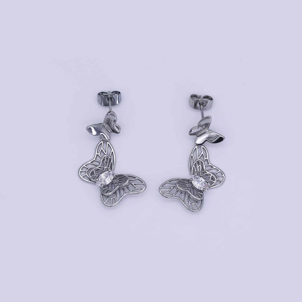 24K Gold Filled Marquise CZ Twin Butterfly Mariposa Stud Earrings in Gold & Silver | AJ024 AJ025 - DLUXCA