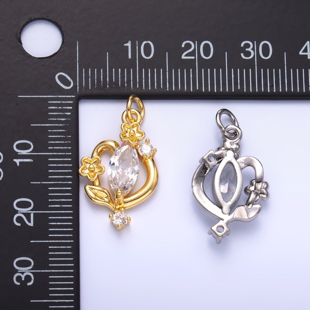 24K Gold Filled Marquise CZ Vine Flower Charm in Gold & Silver | C031 - DLUXCA
