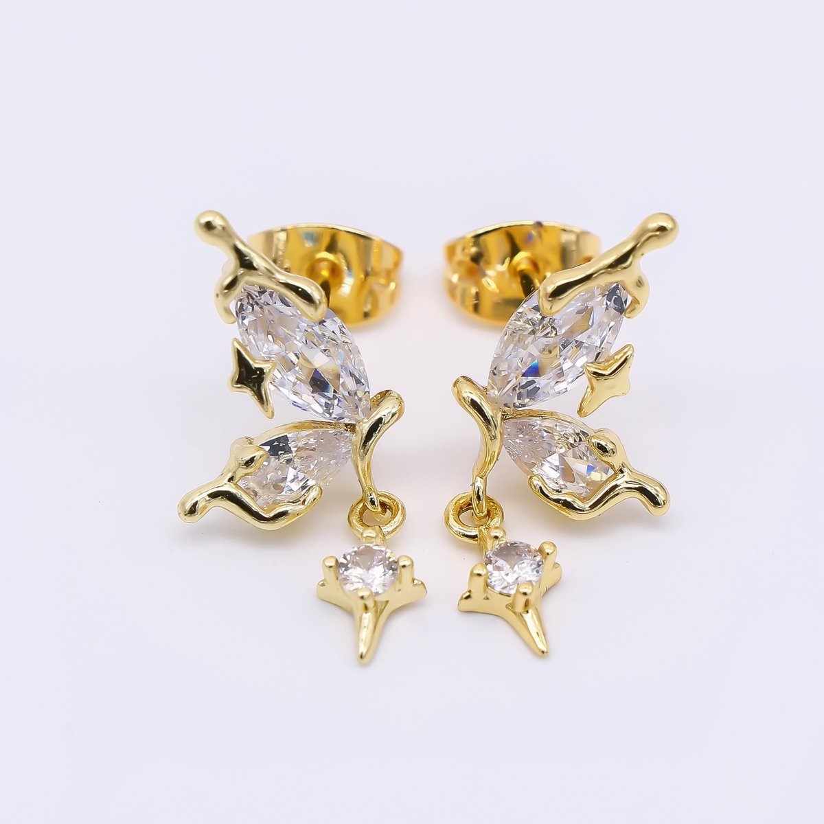 24K Gold Filled Marquise & Teardrop CZ Butterfly Wings Set Drop Studs Earrings in Gold & Silver | AJ - 038 AJ - 039 - DLUXCA