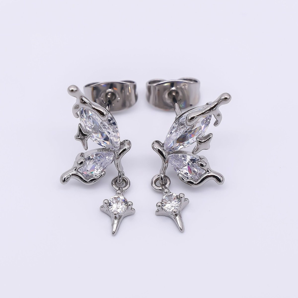 24K Gold Filled Marquise & Teardrop CZ Butterfly Wings Set Drop Studs Earrings in Gold & Silver | AJ - 038 AJ - 039 - DLUXCA