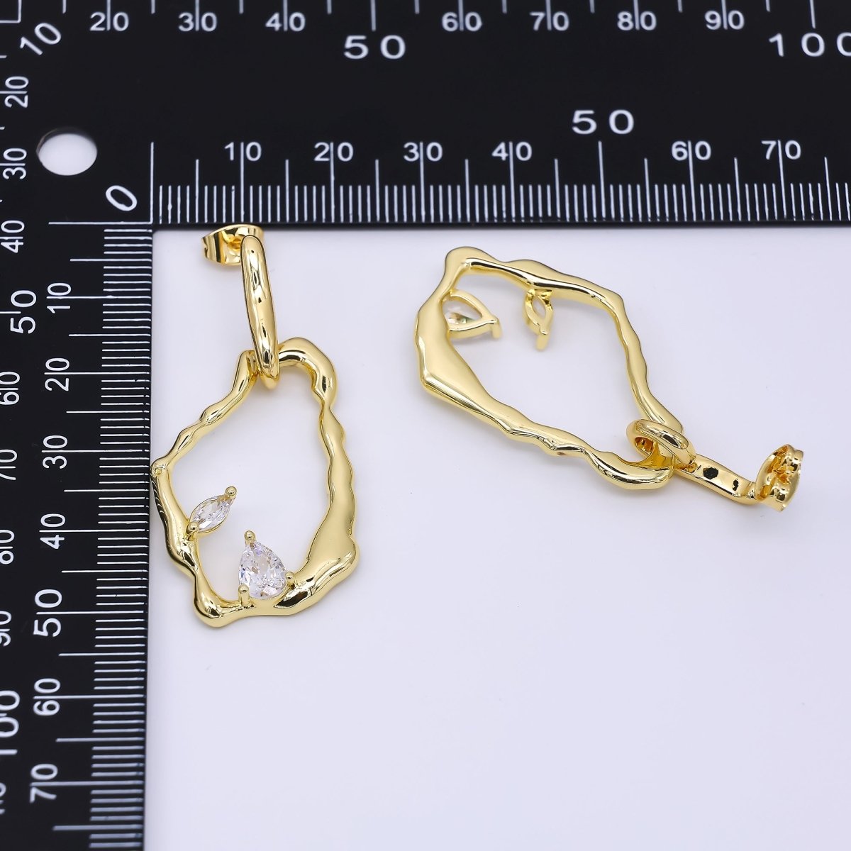 24K Gold Filled Marquise & Teardrop CZ Molten Rectangular Abstract Drop Stud Earrings | AJ - 073 - DLUXCA