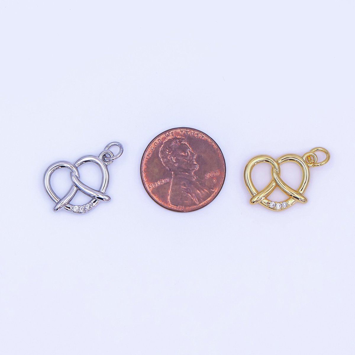 24K Gold Filled Micro Paved CZ Baked Pretzel Charm in Gold & Silver | AF491 - DLUXCA